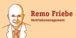 Ein gezeichneter Mann mit Anzug und Krawatte. Text: Remo Friebe, Vertriebsmanagement.