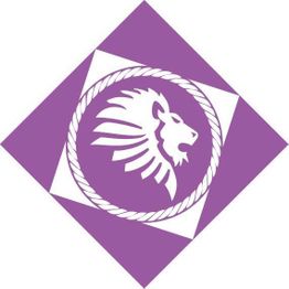 Logotipo de león en un rombo morado con fondo blanco.