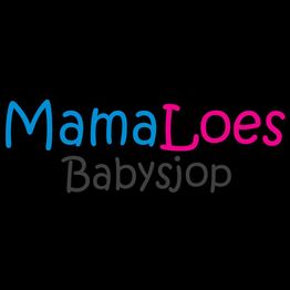 "MamaLoes Babysjop-logo met blauwe, roze en grijze tekst op een zwarte achtergrond."