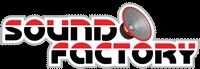 Logo der "Sound Factory" mit rotem Lautsprecher auf schwarzem Hintergrund.