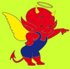 Roter Teufel mit gelben Flügeln und Heiligenschein, im blauen Outfit, zeigt mit einem Finger.