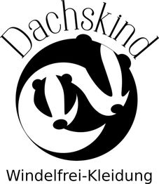 Schwarz-weißes Dachslogo mit Text: "Dachskind Windelfrei-Kleidung".