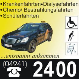 Taxi für Kranken- und Schülerfahrten, mit Rollstuhl-Symbolen und Telefonnummer 2400.