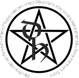 Pentagramm mit Text in Kreisform, Buchstaben "P" und "L" im Mittelpunkt.