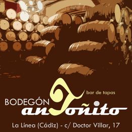 Bodega con barriles, texto: "Bodegón Toniño, bar de tapas, Cádiz, c/ Doctor Villar, 17".
