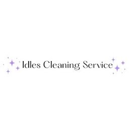 "Logo with text 'Idles Cleaning Service' surrounded by purple sparkles on a white background."