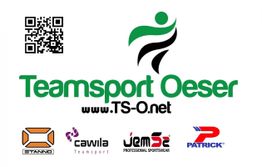 Logo von Teamsport Oeser mit QR-Code und fünf Partnermarkenlogos: Stanno, cawila, JAKO, Patrick.