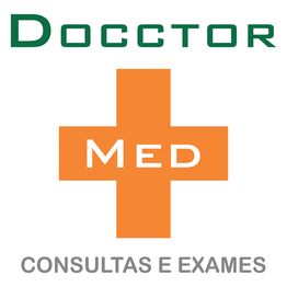 Logo da Docctor Med com cruz laranja e texto: Consultas e Exames.