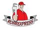 Mann in roter Kleidung hält eine große Rohrzange, darunter ein Band mit Text "ROHREXPRESS".