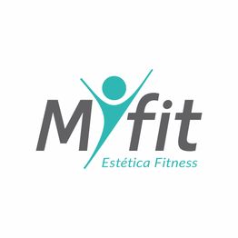 Logotipo da Myfit Estética Fitness com figura humana estilizada e texto em azul e cinza.