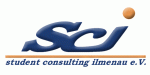 Logo von "student consulting ilmenau e.V." in Blau mit einer orangen Kugel darüber.