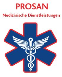 Rotes Kreuz mit Äskulapstab, "PROSAN Medizinische Dienstleistungen" in Rot darüber.