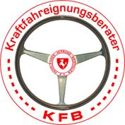 Lenkrad-Symbol mit rotem Ring und Text: "Kraftfahrreinigungsberater KFB", Emblem in der Mitte.