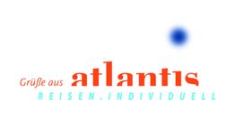 Text "Grüße aus Atlantis Reisen. Individuell" mit blauem Punkt rechts oben auf weißem Hintergrund.
