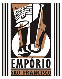 Ilustração estilizada com copo, saxofone e notas musicais; texto: Empório São Francisco.