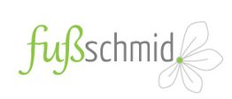 Logo mit Schriftzug "fußschmid" in Grün und Grau, daneben eine stilisierte Blume in Grau und Grün.