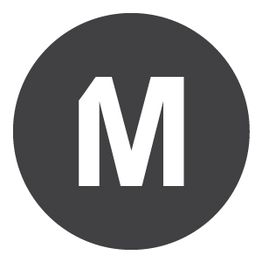 Schwarzer Kreis mit weißem Buchstaben 'M' in der Mitte.