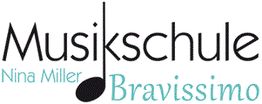 Logo mit Text "Musikschule Nina Miller Bravissimo" und Note als Buchstabe.