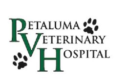 "Logo of Petaluma Veterinary Hospital with paw prints and green letters."