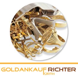 Goldschmuck und Uhren vor einem "Goldankauf Richter Fürth" Logo.