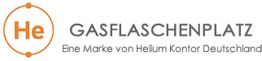 He-Logo und Text "GASFLASCHENPLATZ, Eine Marke von Helium Kontor Deutschland" in Grau und Orange.