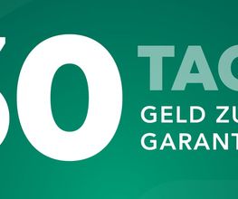 "Grüner Hintergrund mit weißem Text: '30 Tage Geld-zurück-Garantie'."