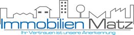 Logo von Immobilien Matz mit Gebäude-Silhouetten und dem Slogan: "Ihr Vertrauen ist unsere Anerkennung".