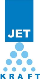 Blaues Logo mit dem Wort "JET" oben und "KRAFT" unten, verbunden durch blaue Kreise in Pyramidenform.