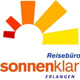 Logo des Reisebüros Sonnenklar Erlangen mit stilisierter Sonne in Gelb, Orange und Rot.