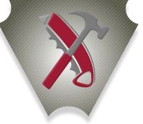 Rotes Messer und Hammer gekreuzt vor grauem Hintergrund mit abgerundeten Ecken.
