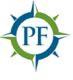 Compass design with "PF" in the center, featuring blue and green points.