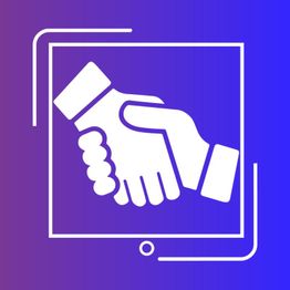 Zwei Hände schütteln sich in einem weißen Rahmen auf blauem Hintergrund.