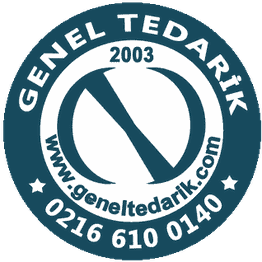 Seal with “GENEL TEDARİK,” logo, website, and phone number in blue and white.