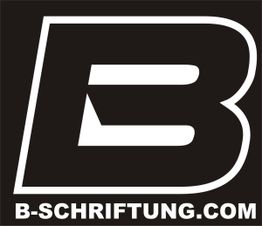 Schwarzes Logo mit großem weißen "B" und der Website "B-SCHRIFTUNG.COM" darunter.