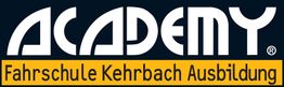 Logo der Academy Fahrschule Kehrbach Ausbildung, weißer Text auf schwarzem und gelbem Hintergrund.