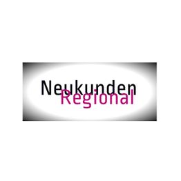 "Logo mit den Wörtern 'Neukunden Regional', schwarz und pink auf grauem Hintergrund."
