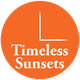 Orange circle with "Timeless Sunsets" text and minimalist clock hand design.