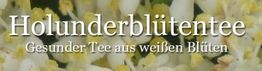 Text: "Holunderblütentee - Gesunder Tee aus weißen Blüten" mit Blütenhintergrund.