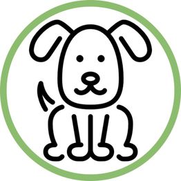 Zeichnung eines sitzenden Hundes, umgeben von einem grünen Kreis.