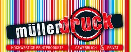 Bunt gestreifter Hintergrund mit dem Logo "Müller Druck" und Text: Hochwertige Printprodukte.