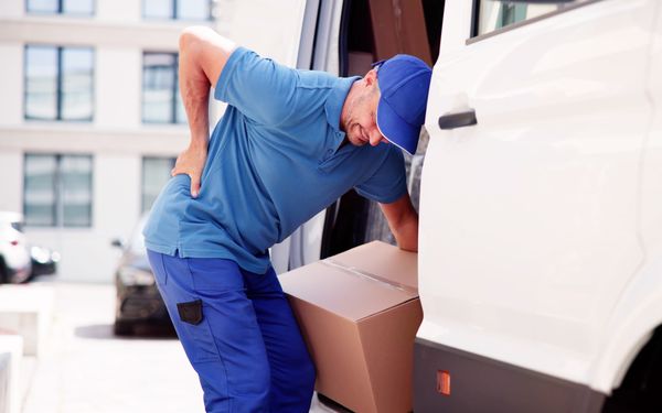 Ein Postbote versucht ein Paket aus seinem Lieferwagen zu heben und kriegt dabei Rückenschmerzen, die ihn an der Arbeit hindern.