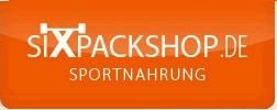 Logo mit Text "SIXPACKSHOP.DE" und "SPORTNAHRUNG" auf orangem Hintergrund.