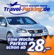 Silbernes Auto und Travel-Parking.de-Werbung, Parkpreise ab 28 Euro pro Woche.
