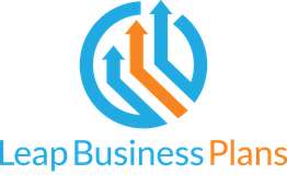 Logo with blue and orange arrows, text "Leap Business Plans: Start Right. Grow Fast."