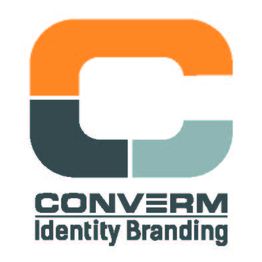 Logo mit stilisiertem "C" in Orange und Blaugrün, Text: "CONVERM Identity Branding" darunter.