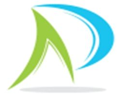 Logo astratto con forme curve verde e blu su sfondo bianco.