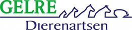 Logo van Gelre Dierenartsen met groene letters en blauwe dierensilhouetten.