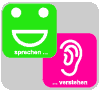 Grünes Symbol mit lachendem Gesicht und "sprechen", pinkes Symbol mit Ohr und "verstehen".
