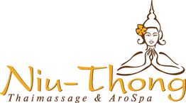 Logo von "Niu-Thong Thaimassage & AroSpa" mit gezeichneter Figur und Blume im Haar.