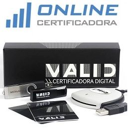 Pacote da Valid Certificadora Digital com leitor USB e cartões. Logo "Online Certificadora" acima.